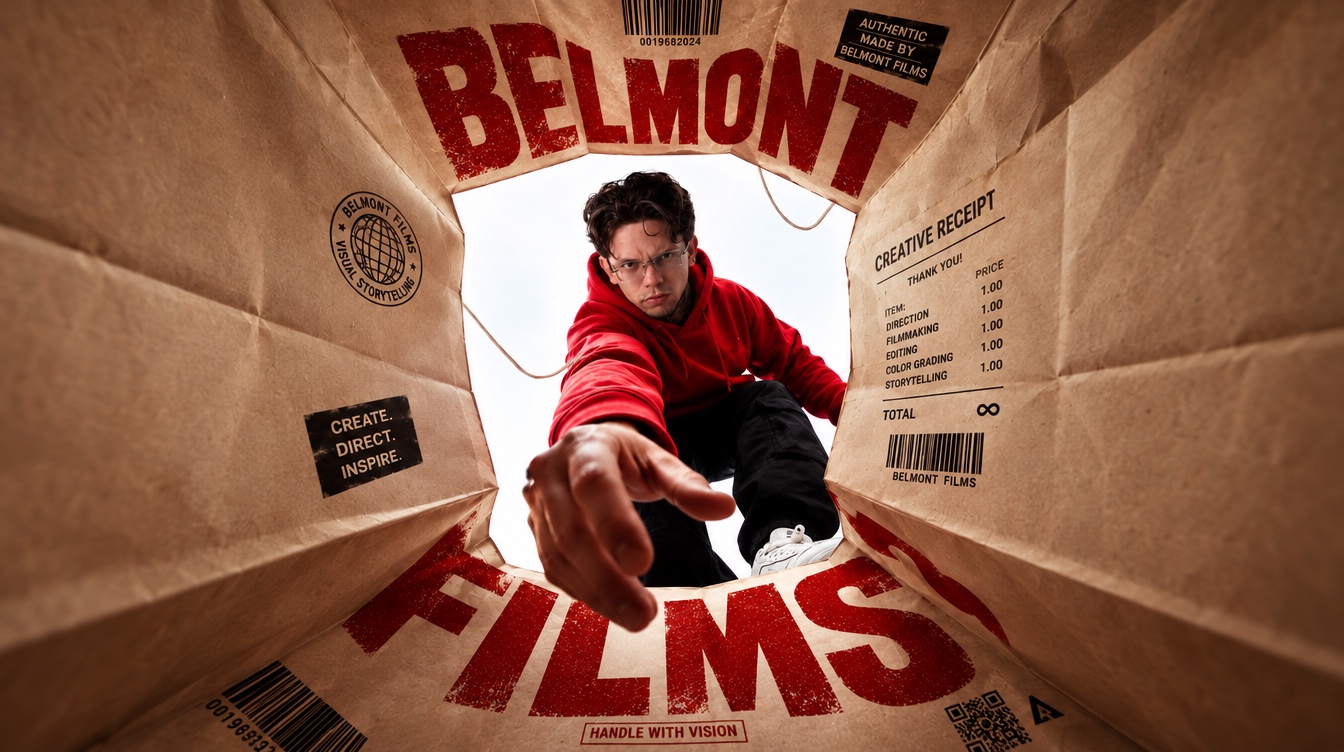 Edu Belmont, de moletom vermelho, estende a mão em direção à câmera, visto de dentro de uma sacola de papel com as palavras Belmont Films.